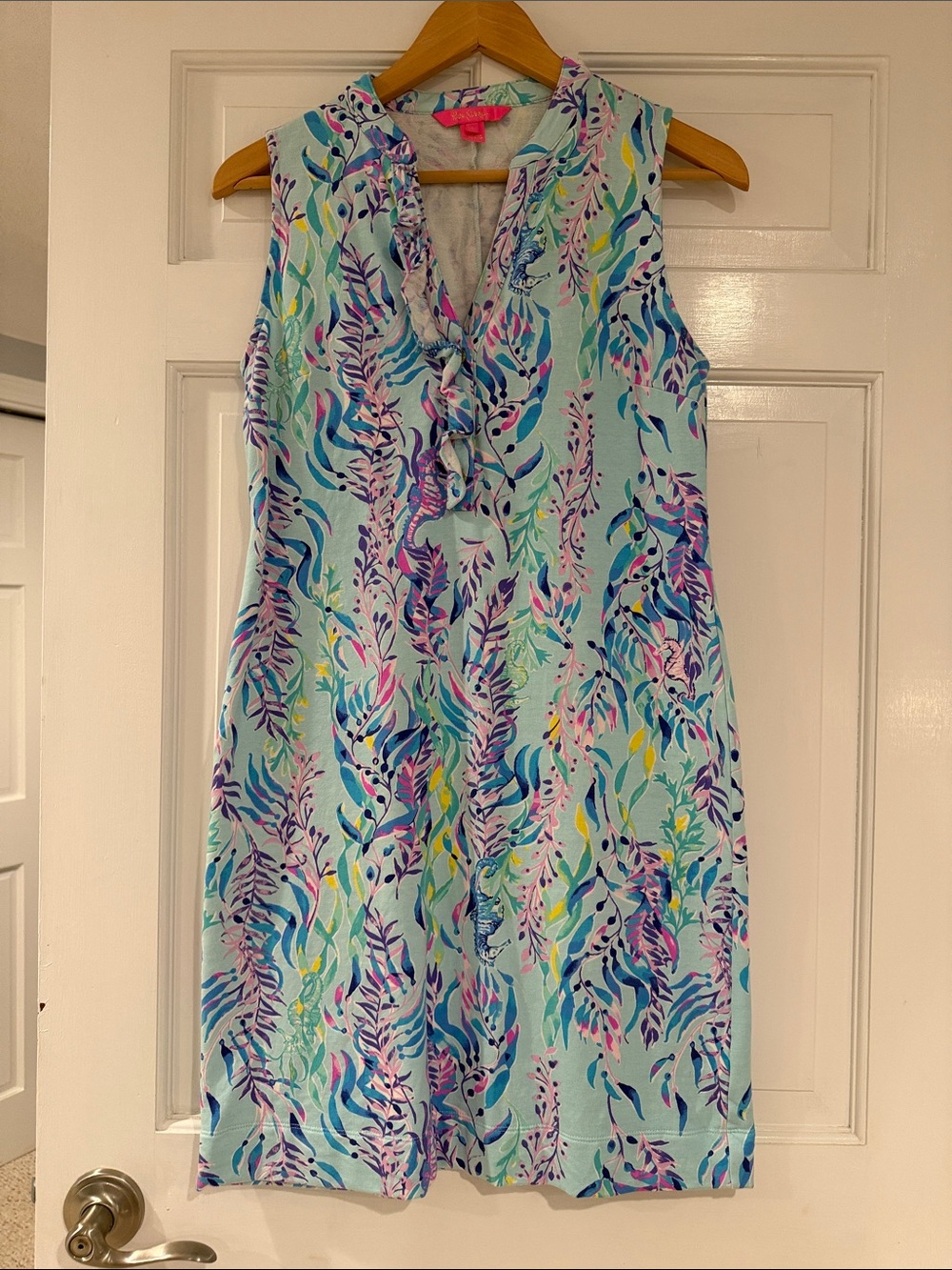 Lilly Pulitzer Light Blue Sleeveless Ruffle V-Neck knee length Dress
